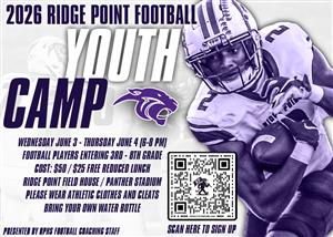 Flyer for 2026 Ridge Point Football Youth Camp with player image, dates, costs, and QR signup
